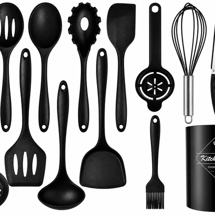 15-Piece Black Silicone Kitchen Utensil Set with Holder – Complete Cooking Tool Set - AR trading hub