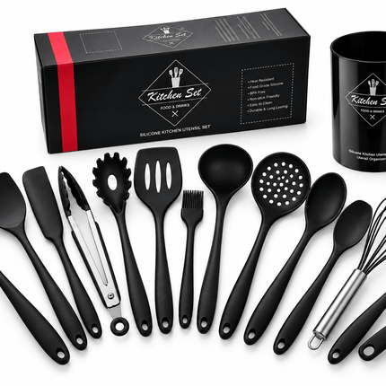 15-Piece Black Silicone Kitchen Utensil Set with Holder – Complete Cooking Tool Set - AR trading hub