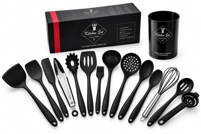 15-Piece Black Silicone Kitchen Utensil Set with Holder – Complete Cooking Tool Set - AR trading hub