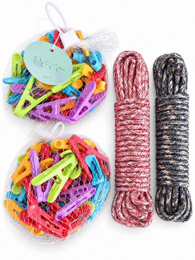 2-Pack 10M Clothesline Set with 60 Colourful Pegs – Strong Outdoor & Indoor Washing Line - AR trading hub