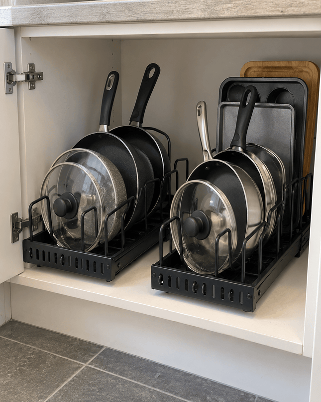 2-Pack Adjustable Pots & Pans Organiser Rack – Kitchen Cupboard Cookware, Lid & Frying Pan Storage - AR trading hub