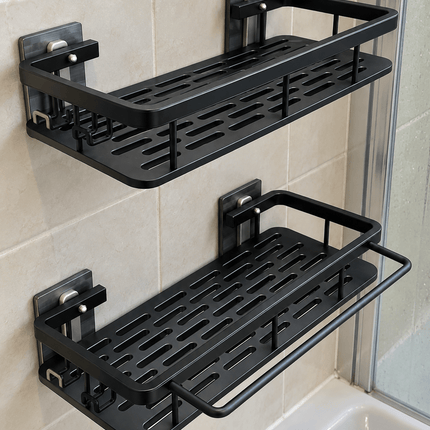 2-Pack Wall Mounted Bathroom Storage Shelves – Black Shower Caddy with Hooks & Towel Rail - AR trading hub