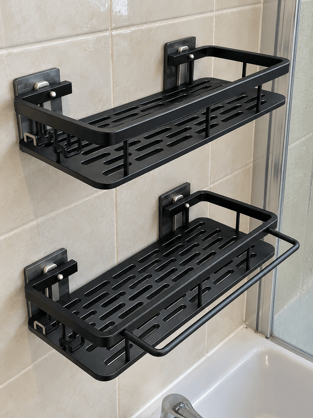 2-Pack Wall Mounted Bathroom Storage Shelves – Black Shower Caddy with Hooks & Towel Rail - AR trading hub