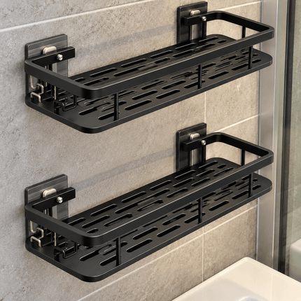 2-Pack Wall Mounted Bathroom Storage Shelves – Black Shower Caddy with Hooks & Towel Rail - AR trading hub