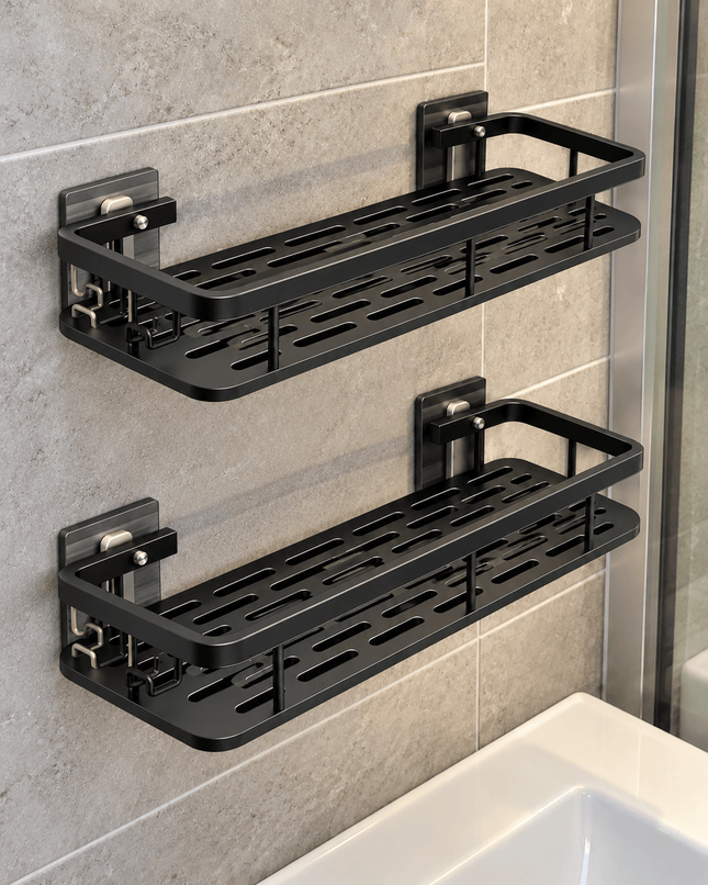 2-Pack Wall Mounted Bathroom Storage Shelves – Black Shower Caddy with Hooks & Towel Rail - AR trading hub