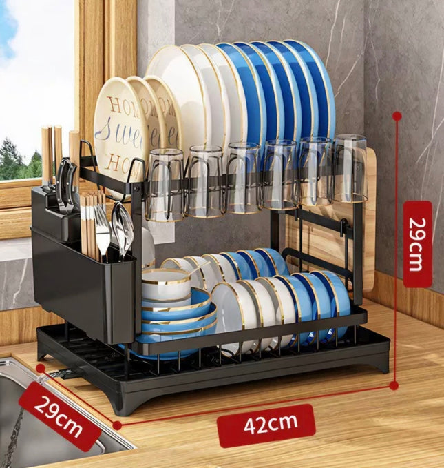 Large 2 Tier Kitchen Dish Drying Rack with Utensil Holder & Glass Holder - AR trading hub