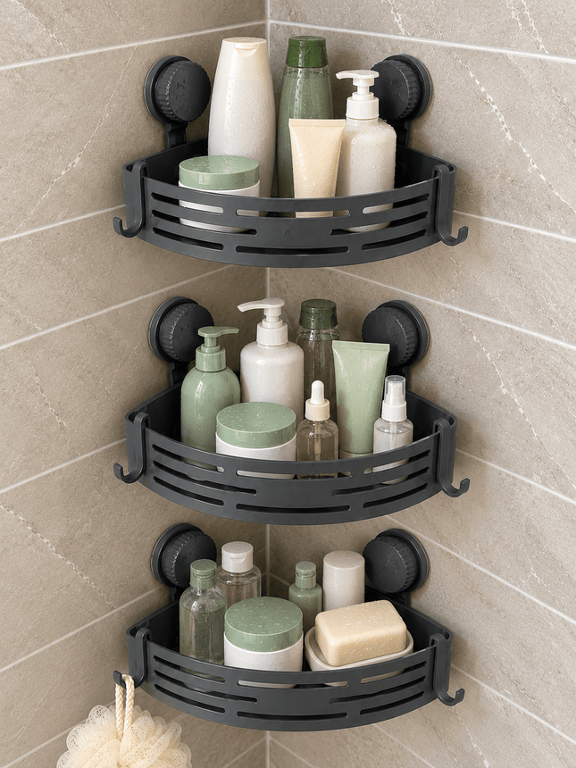 3-Pack Corner Shower Caddy Set – Wall-Mounted Bathroom Storage Shelves with Hooks - AR trading hub