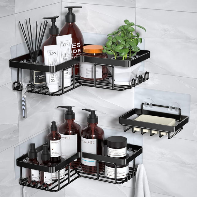 3-Piece Wall-Mounted Bathroom Storage Set – 2 Corner Shower Caddies & Soap Holder with Hooks - AR trading hub