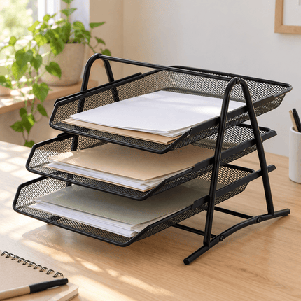3-Tier Mesh Desk Document Tray – Black Metal A4 Paper & File Organiser - AR trading hub
