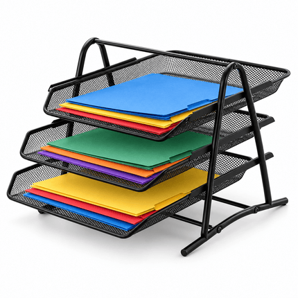 3-Tier Mesh Desk Document Tray – Black Metal A4 Paper & File Organiser - AR trading hub