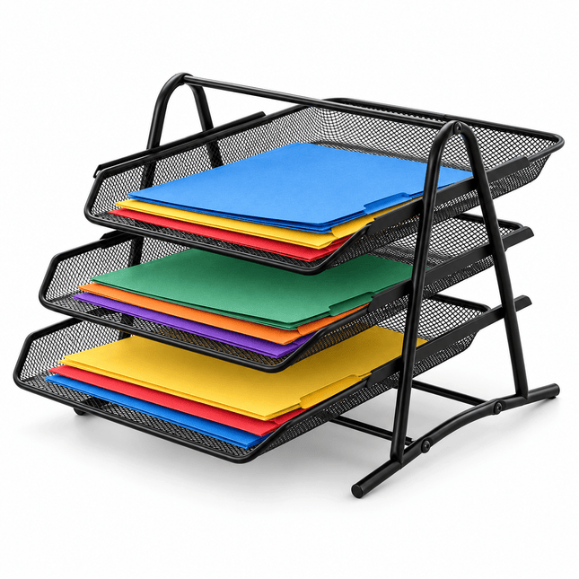 3-Tier Mesh Desk Document Tray – Black Metal A4 Paper & File Organiser - AR trading hub