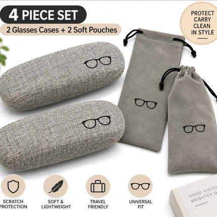 4-Piece Glasses Case & Pouch Set – 2 Hard Cases + 2 Soft Pouches - AR trading hub
