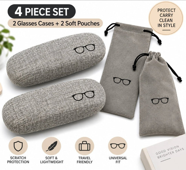 4-Piece Glasses Case & Pouch Set – 2 Hard Cases + 2 Soft Pouches - AR trading hub