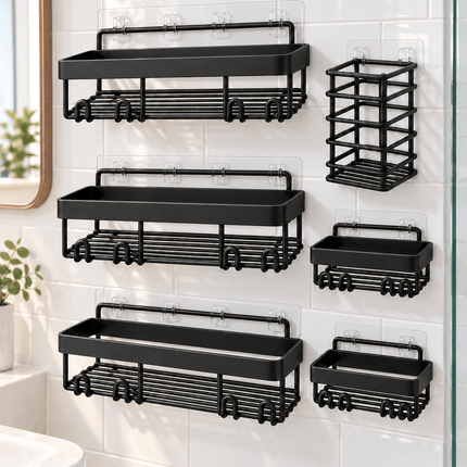6-Piece Wall-Mounted Bathroom Organiser Set – Black Shower Caddies, Soap Holder & Storage Rack - AR trading hub