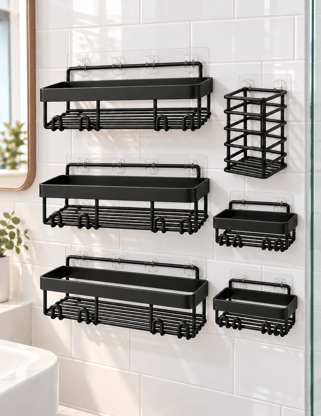 6-Piece Wall-Mounted Bathroom Organiser Set – Black Shower Caddies, Soap Holder & Storage Rack - AR trading hub