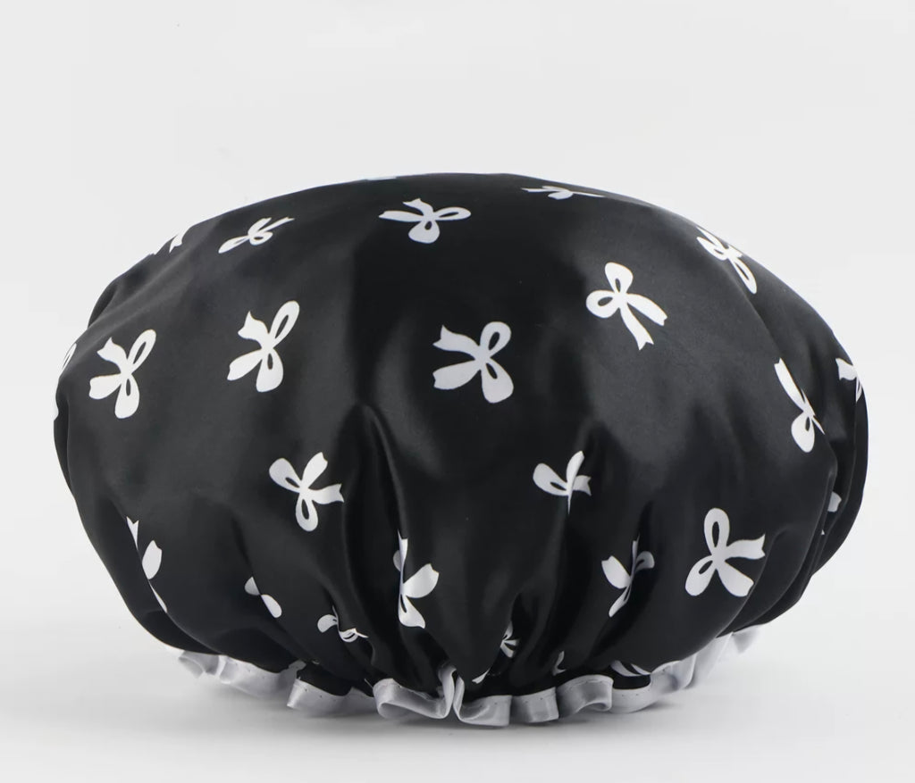 2 Pack Satin Shower Caps for Women, Reusable Hair Bonnet with Elastic Edge, Shower Cap for Long, Curly, Thick Hair & Braids, Pink & Black