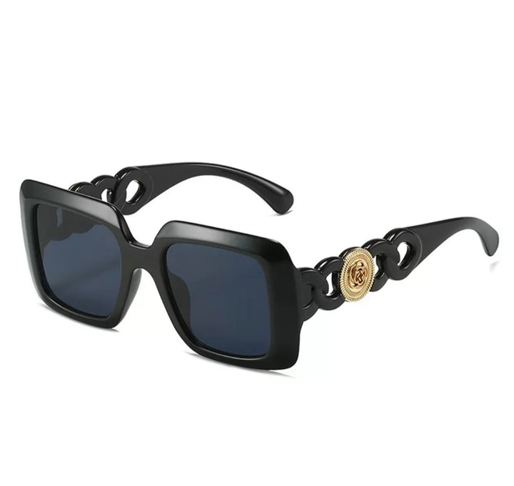 Square Sunglasses – Black Frame with Gold Medallion Chain Temple | Influencer Street Style