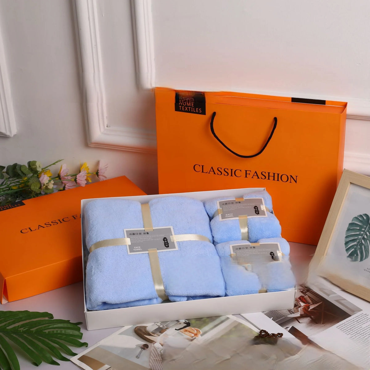 Blue Color Coral Fleece Towel And Bath Towel Gift Set