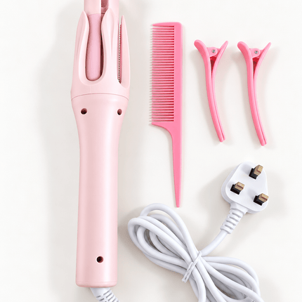 Automatic Hair Curler – Adjustable Temperature Rotating Curling Iron with Hair Clips & Comb – Pink - AR trading hub