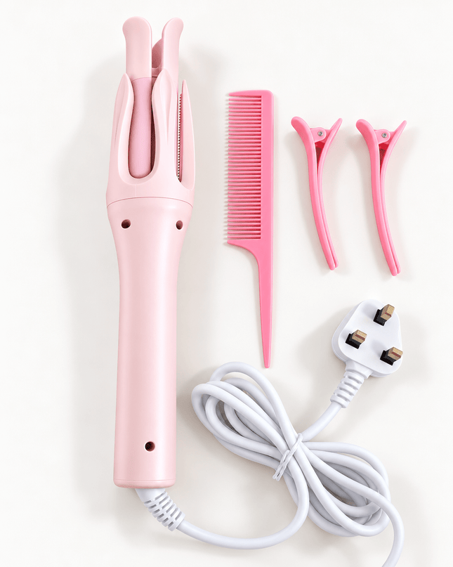 Automatic Hair Curler – Adjustable Temperature Rotating Curling Iron with Hair Clips & Comb – Pink - AR trading hub