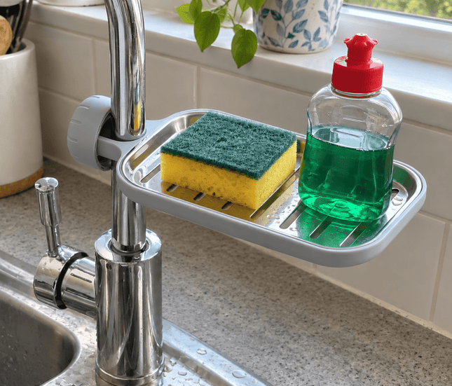 Faucet-Mounted Sink Storage Tray – Adjustable Kitchen & Bathroom Tap Organiser with Drainage - AR trading hub