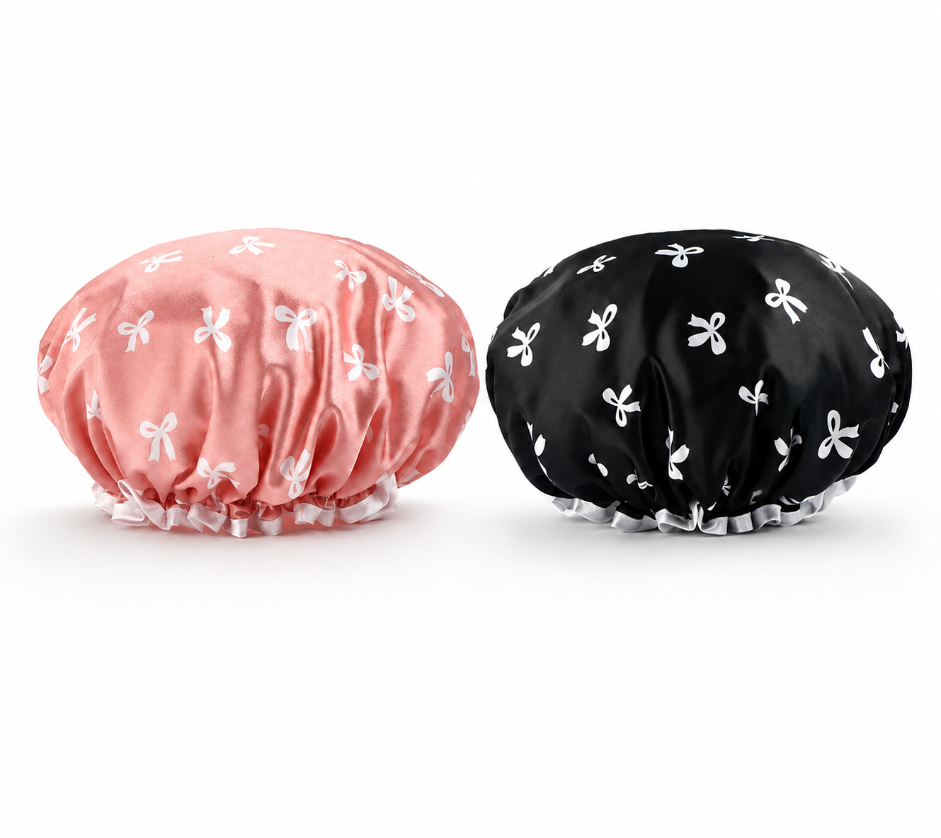 2 Pack Satin Shower Caps for Women, Reusable Hair Bonnet with Elastic Edge, Shower Cap for Long, Curly, Thick Hair & Braids, Pink & Black