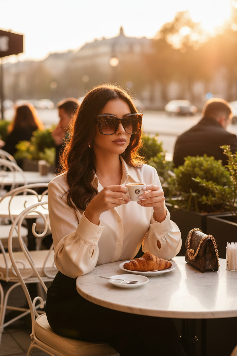 Model wearing oversized leopard print cat-eye sunglasses at a luxury outdoor café