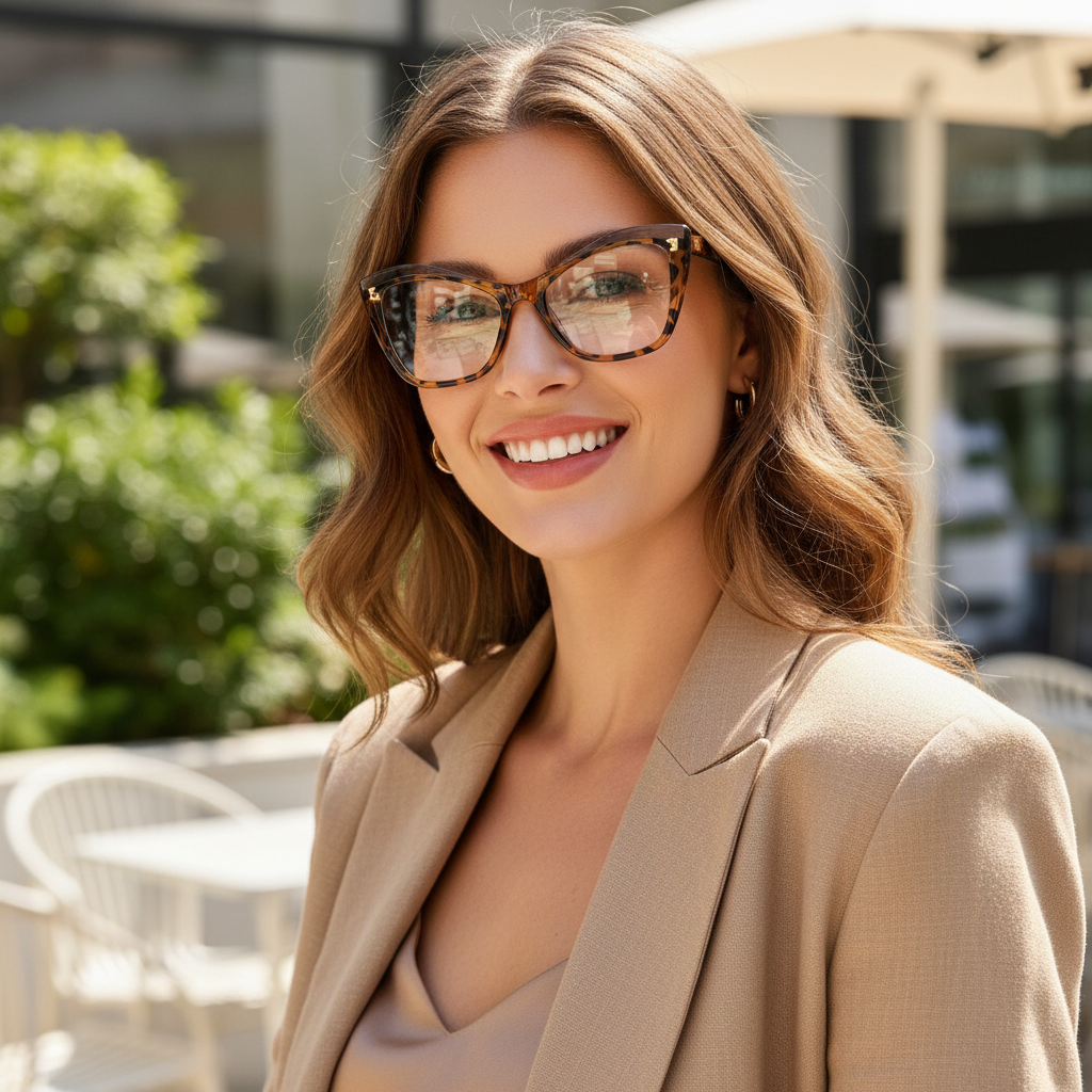 Stylish woman wearing tortoiseshell cat eye glasses outdoors