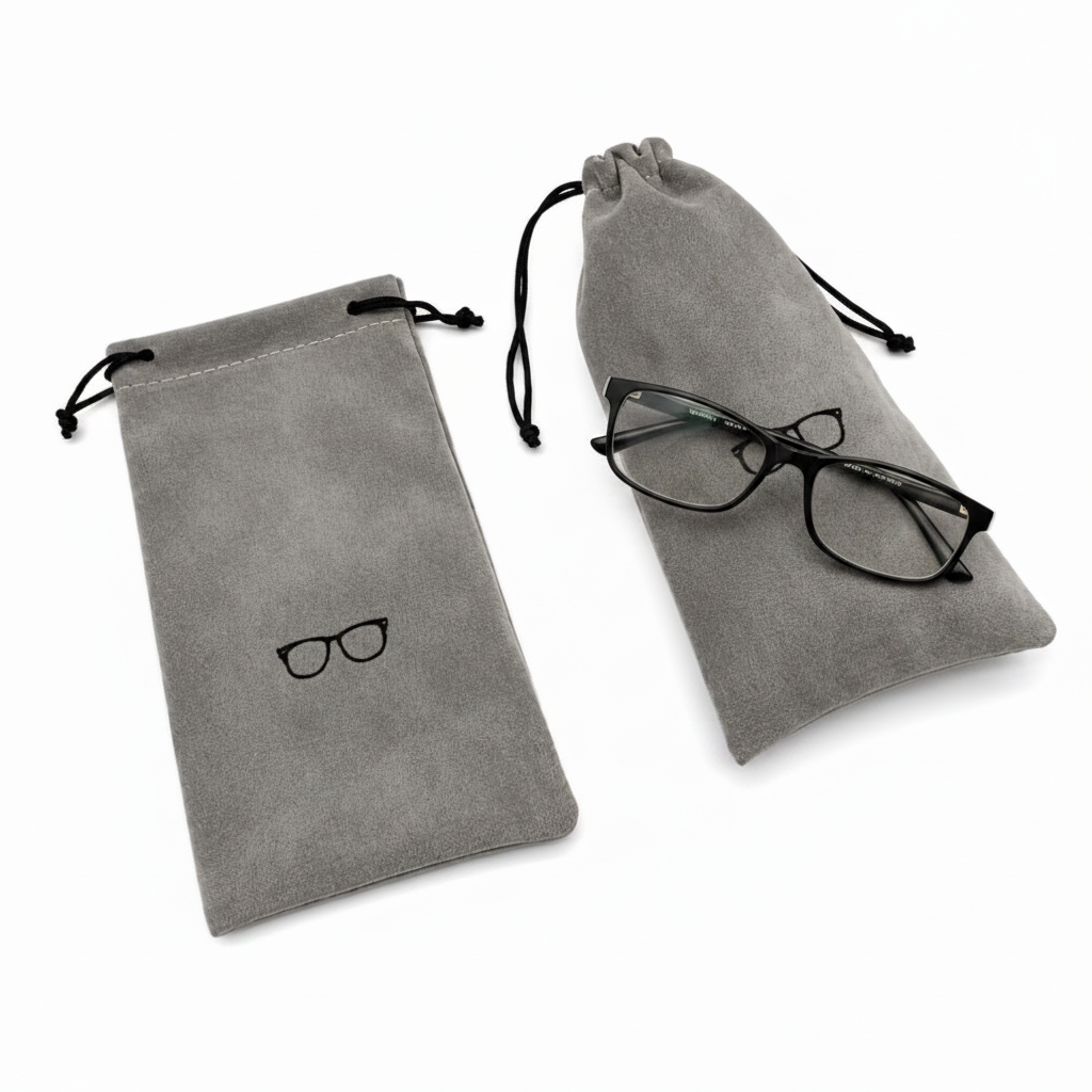 Two grey microfibre eyeglasses pouches flat lay with glasses beside them