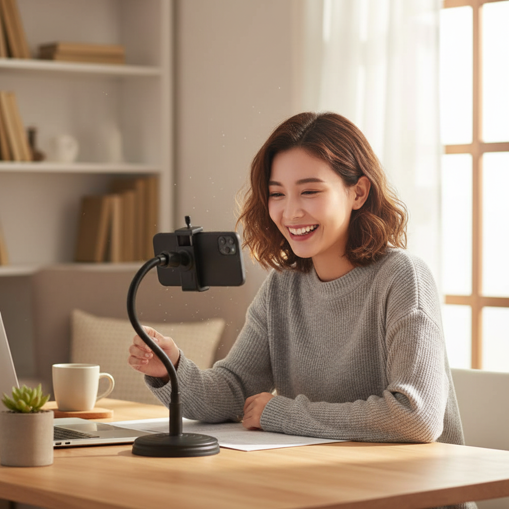 Woman sitting at desk smiling at phone mounted on black adjustable desktop stand