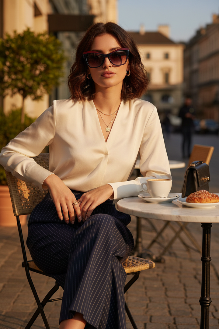 Model wearing retro cat-eye sunglasses with navy blue and red two-tone frame at an outdoor café