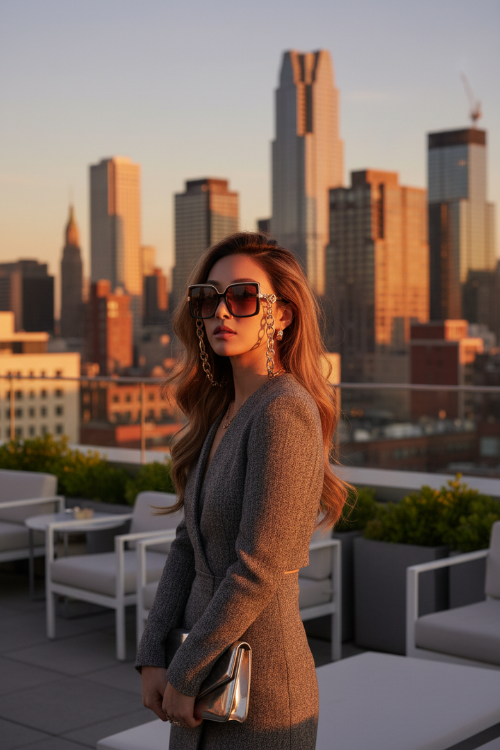 Model wearing black square sunglasses with chain temple – rooftop city view