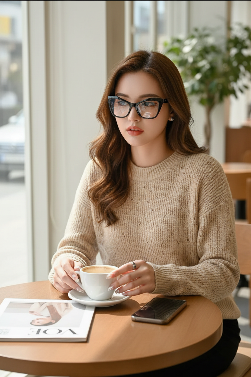 Model wearing black retro cat-eye clear lens glasses at a chic café