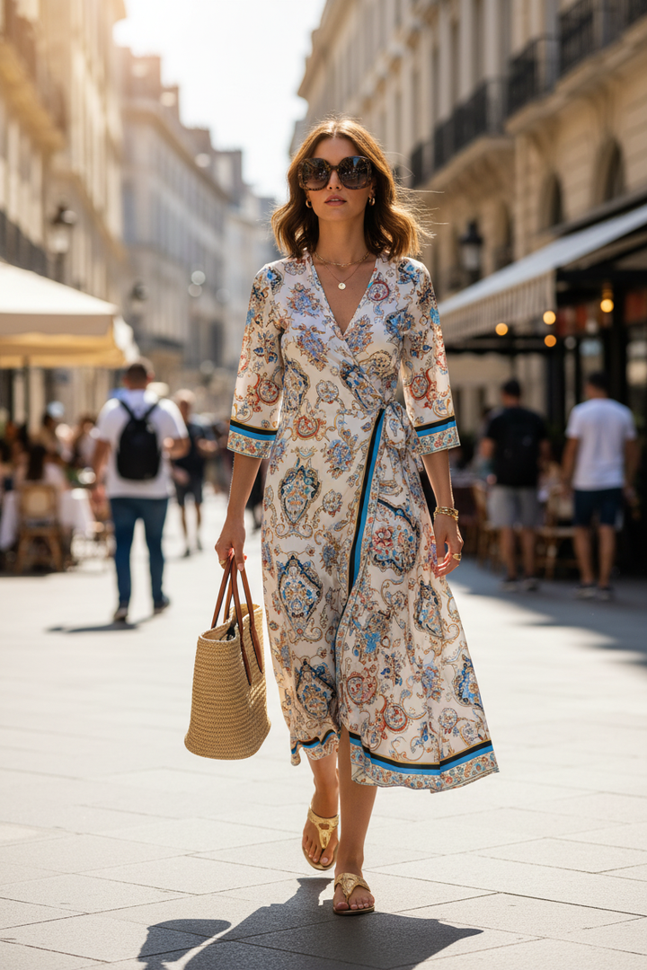 Model wearing oversized square tortoiseshell sunglasses with gold chain temple on a city street