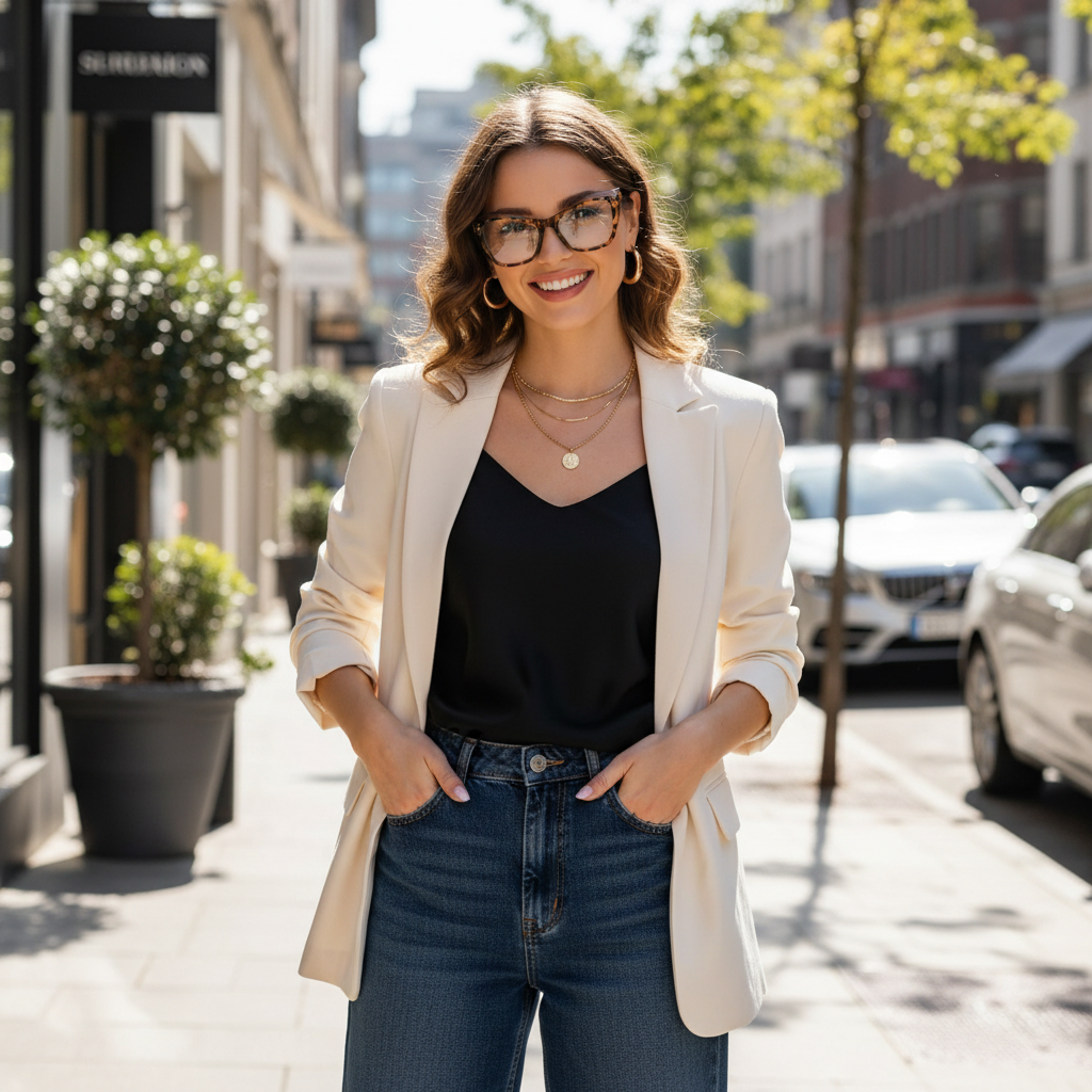 Stylish woman wearing trendy cat eye glasses outdoors