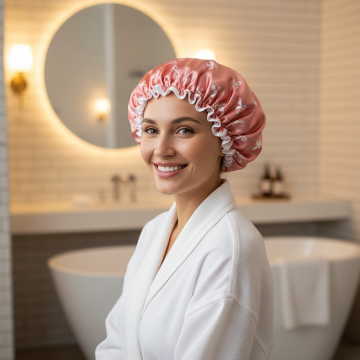 Woman wearing pink satin bow print shower cap in bathroom