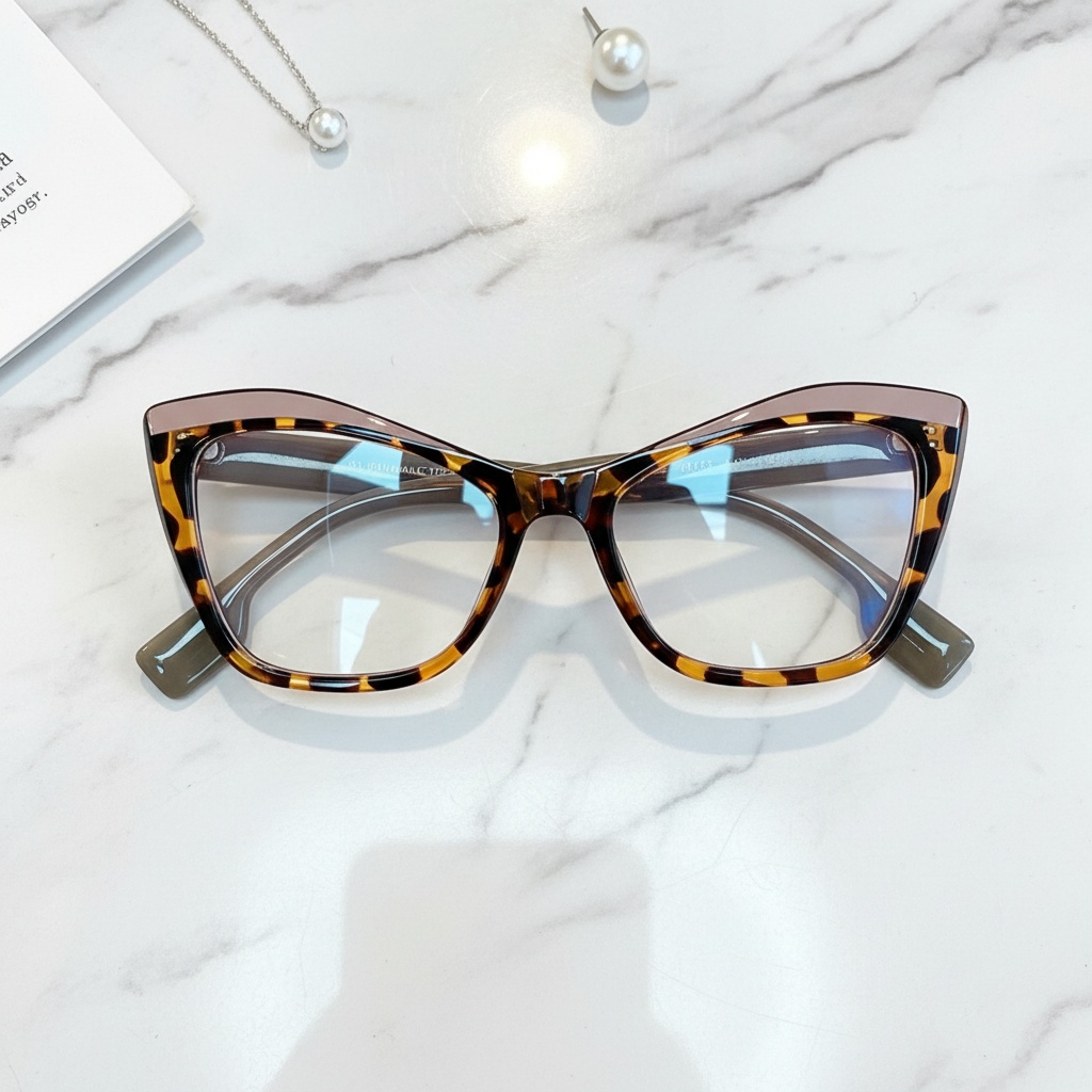 Tortoiseshell cat eye glasses flat lay on white marble surface