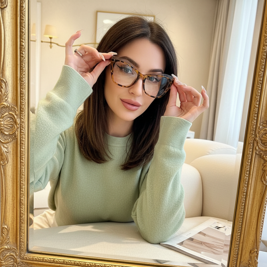 Woman trying on cat eye glasses in mirror lifestyle shot