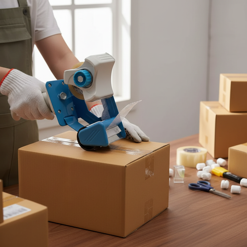 Person using blue tape dispenser gun to seal a cardboard box