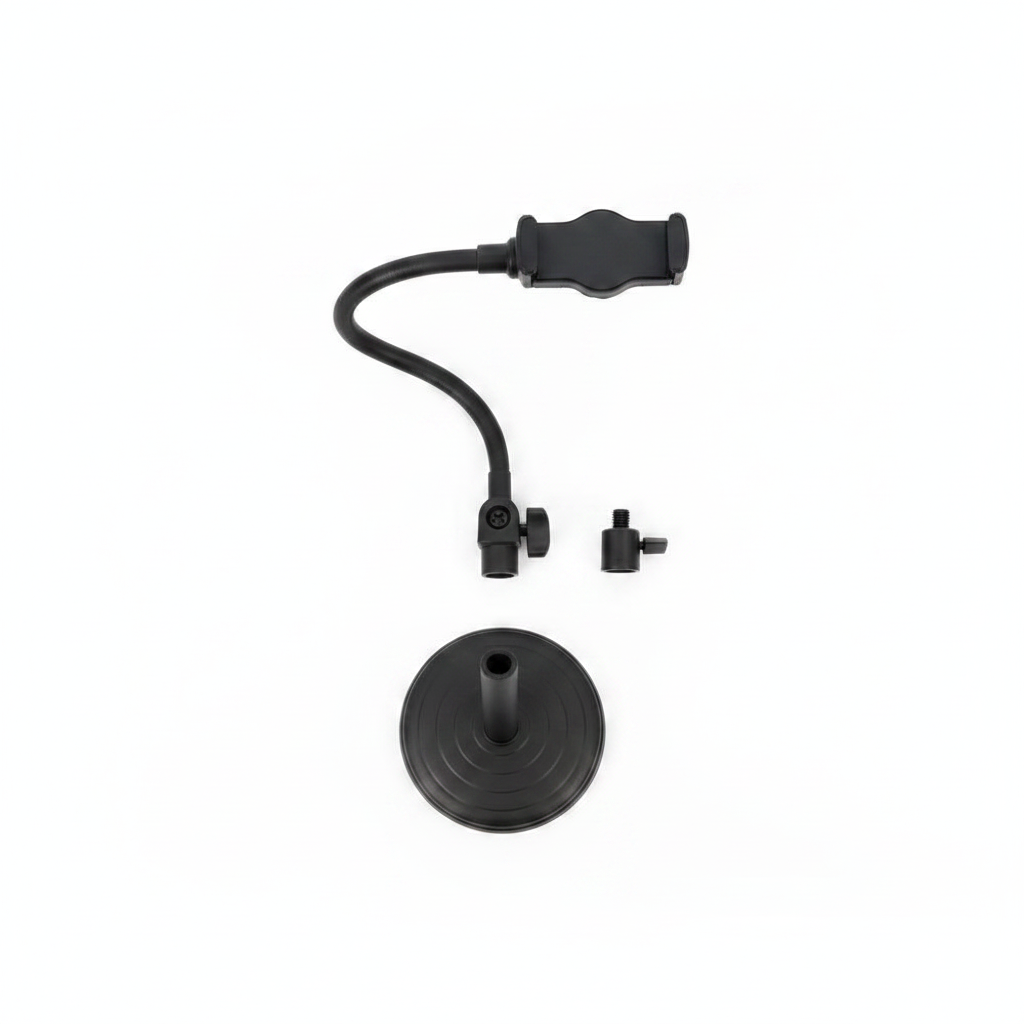 Black adjustable desktop phone stand flat lay on white background