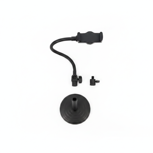 Black adjustable desktop phone stand flat lay on white background