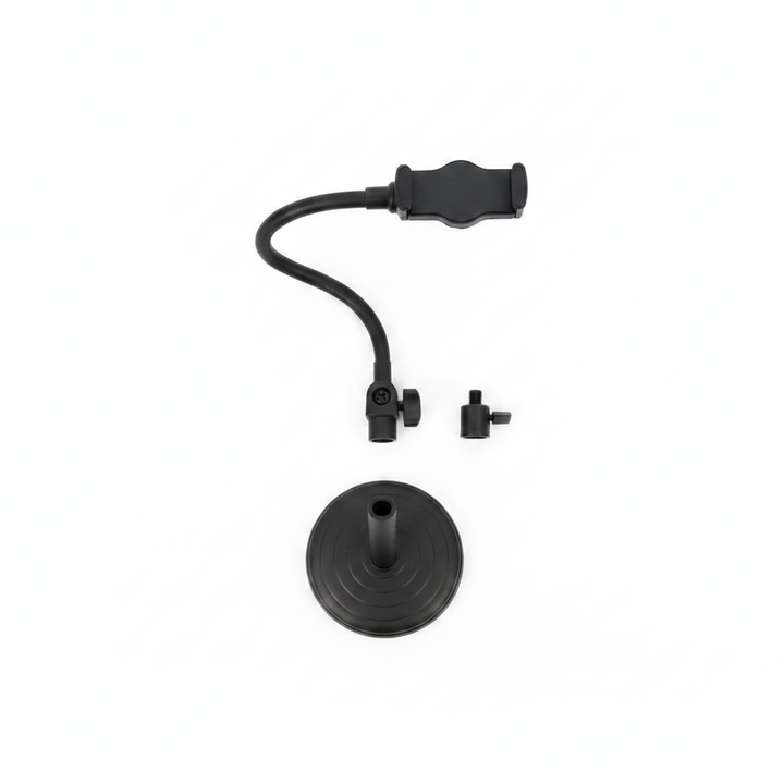 Black adjustable desktop phone stand flat lay on white background
