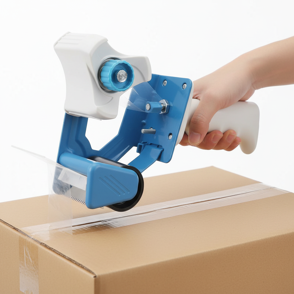 Close-up of hand using blue tape dispenser gun on a parcel