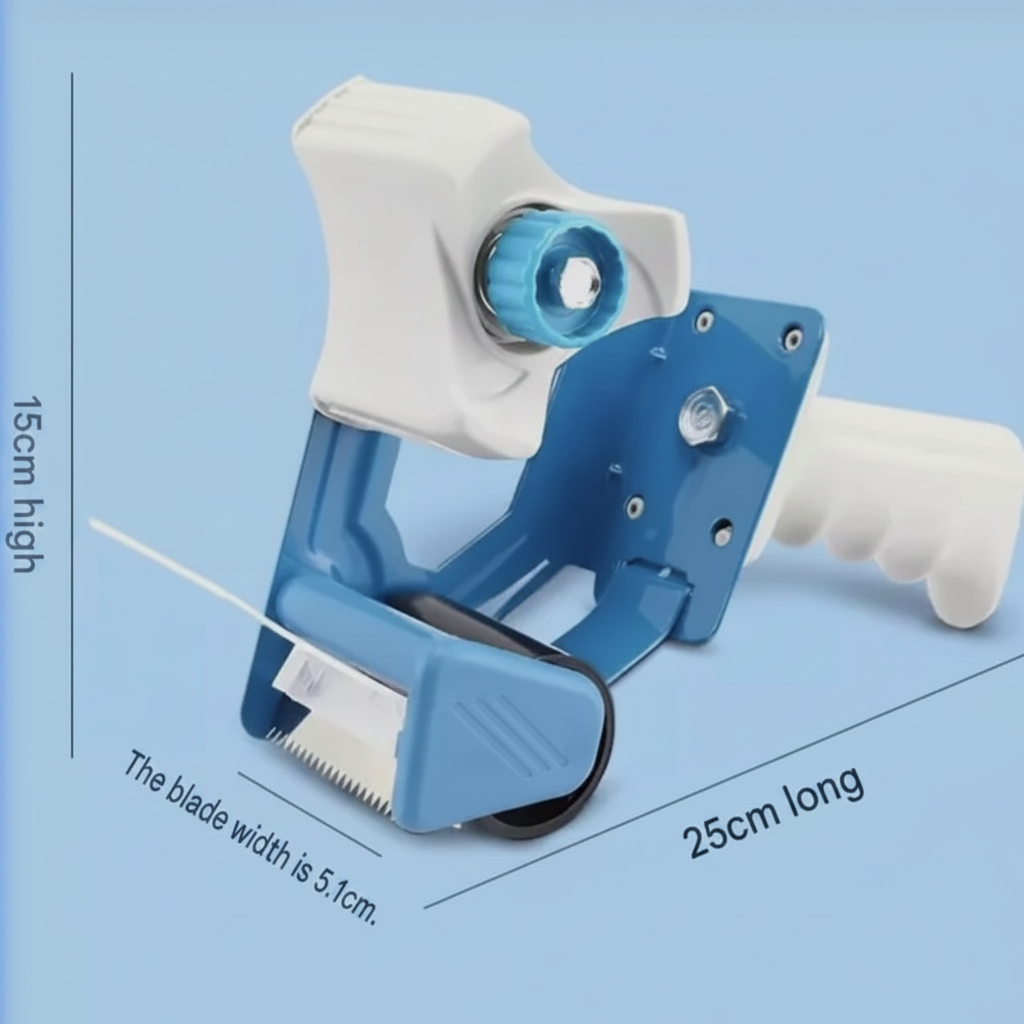 Blue handheld tape dispenser gun flat lay product shot