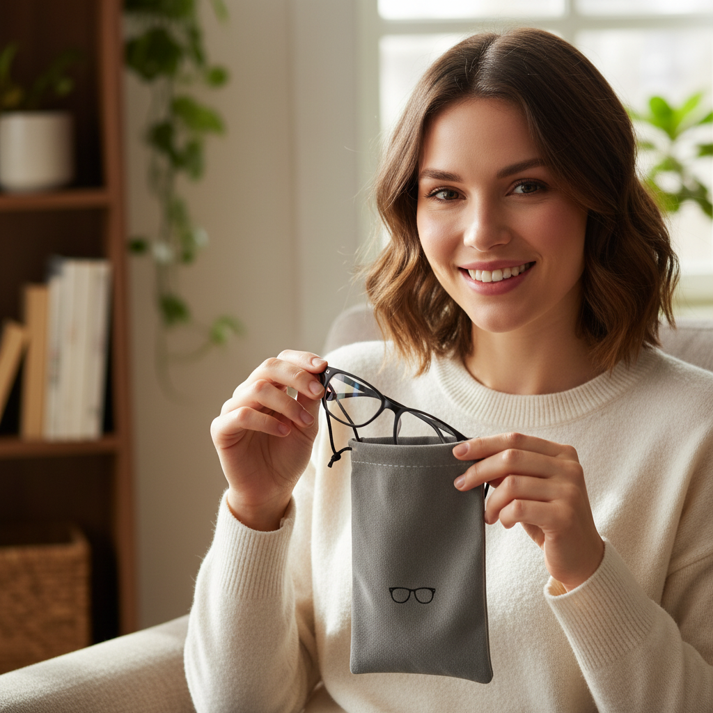 Woman smiling pulling eyeglasses out of grey microfibre pouch