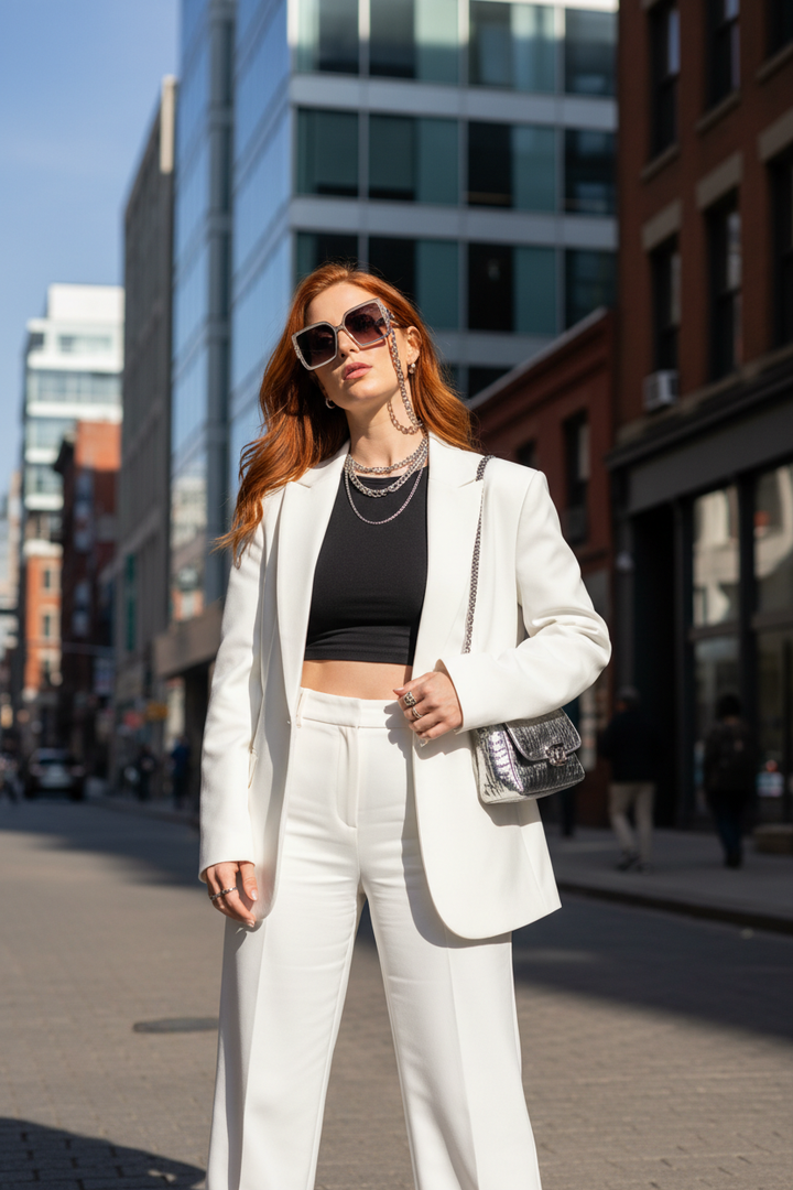 Model wearing black square sunglasses with gold chain temple – urban street style