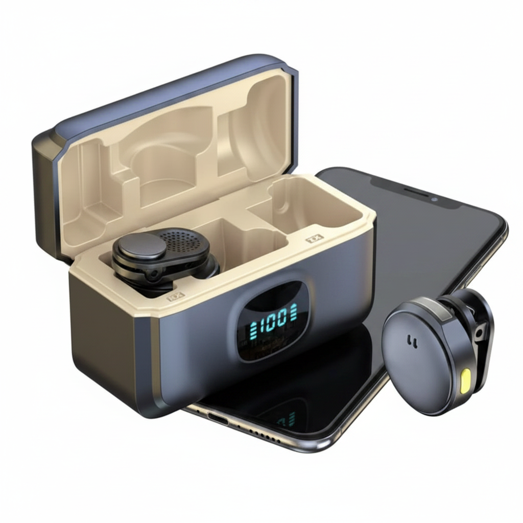 Q8 Wireless Lapel Microphone flat lay with charging case open