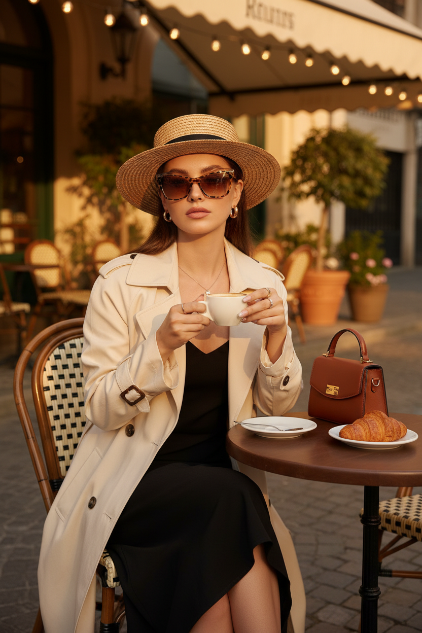 Model wearing retro cat-eye sunglasses with yellow leopard print frame at an outdoor café