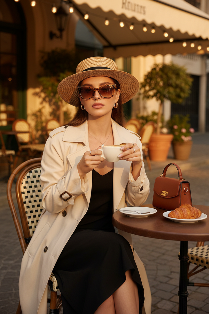 Model wearing retro cat-eye sunglasses with yellow leopard print frame at an outdoor café