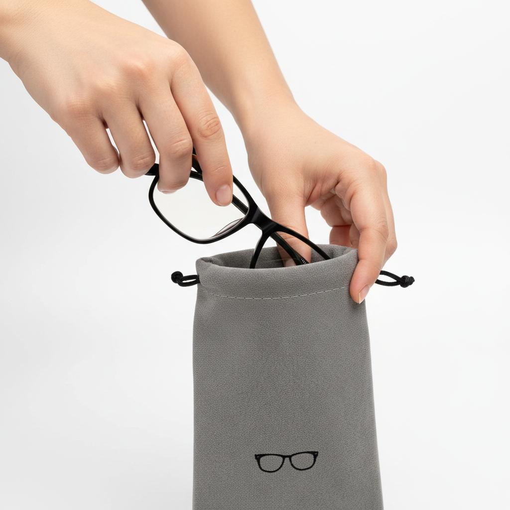 Woman placing eyeglasses into grey microfibre drawstring pouch
